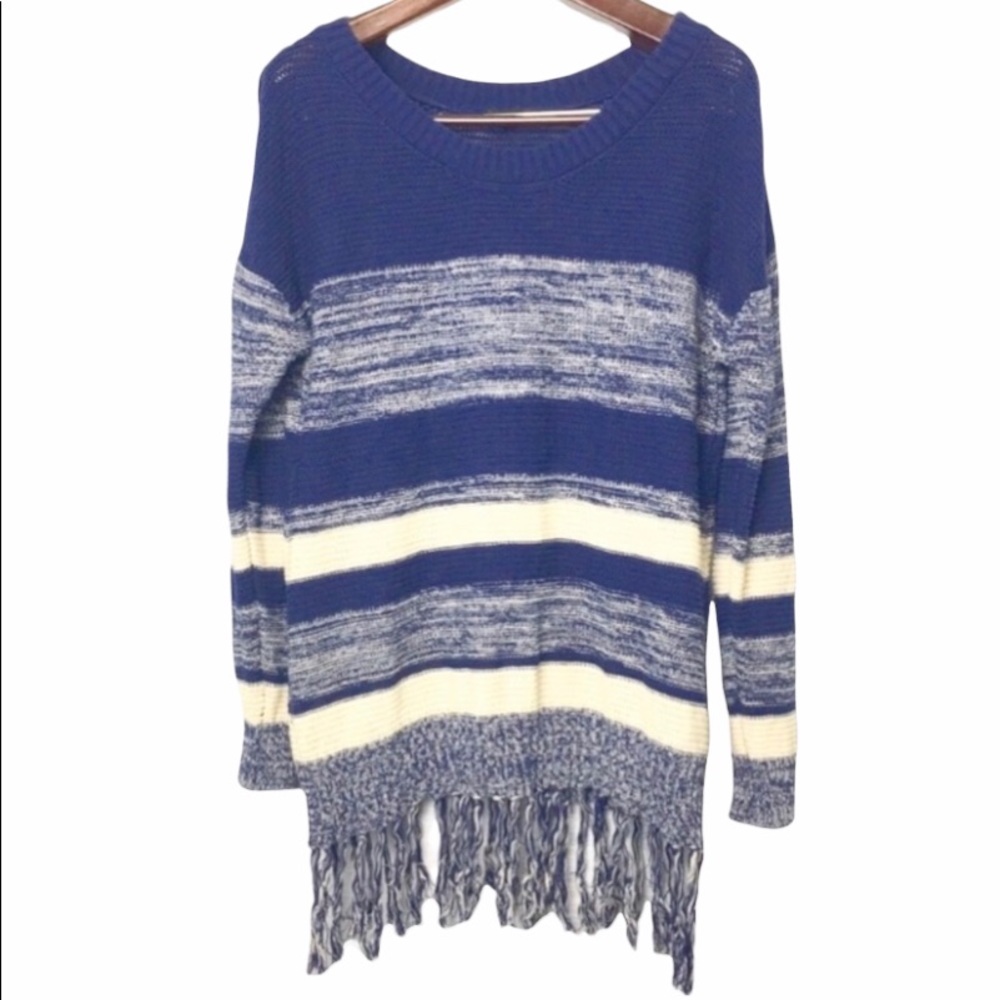 Mine•woman’s cotton blue/ivory stripe open loose knit fringe tunic sweater large